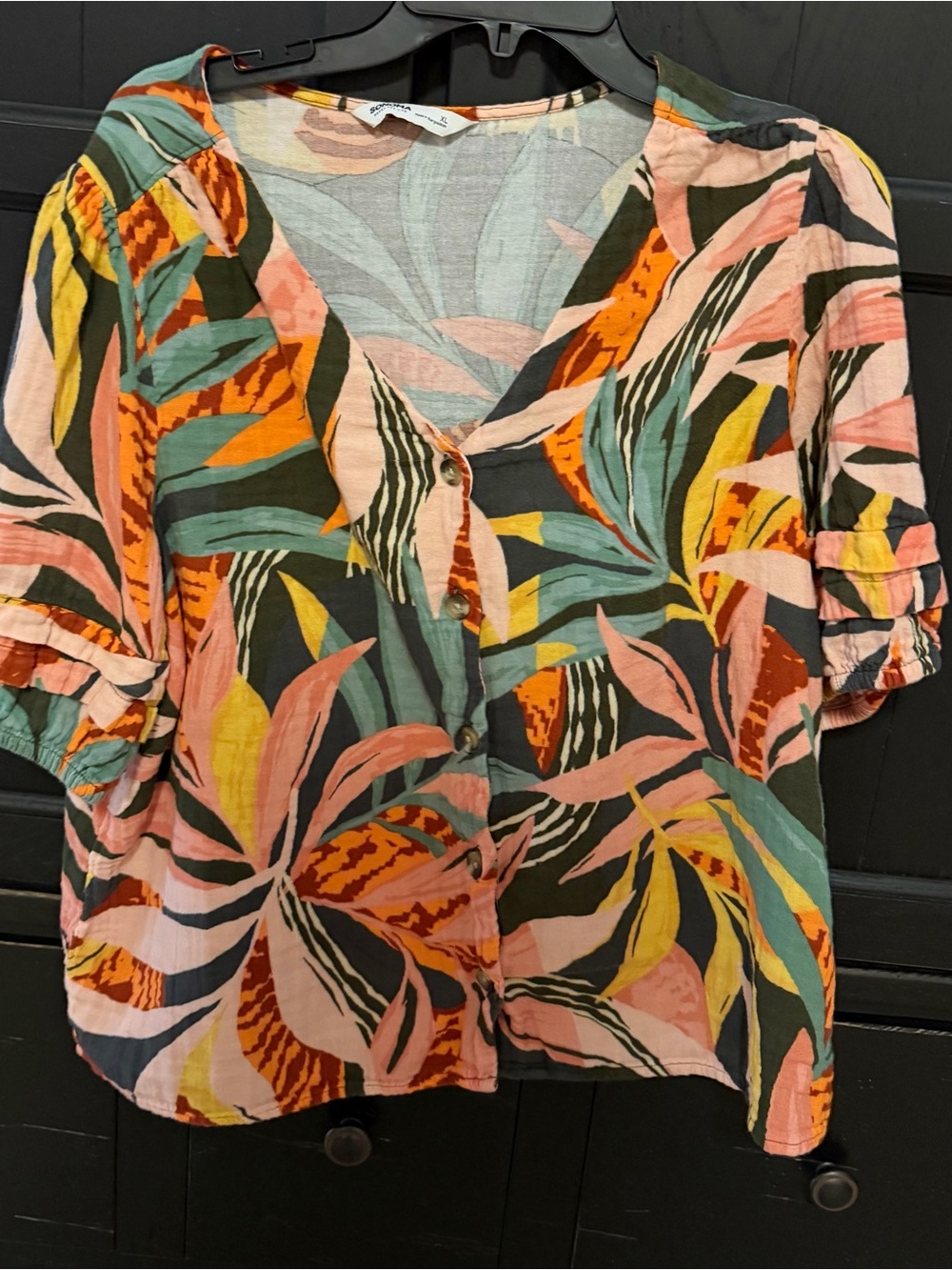 Sonoma Coral Pink Teal and Mustard Tropical Print Blouse